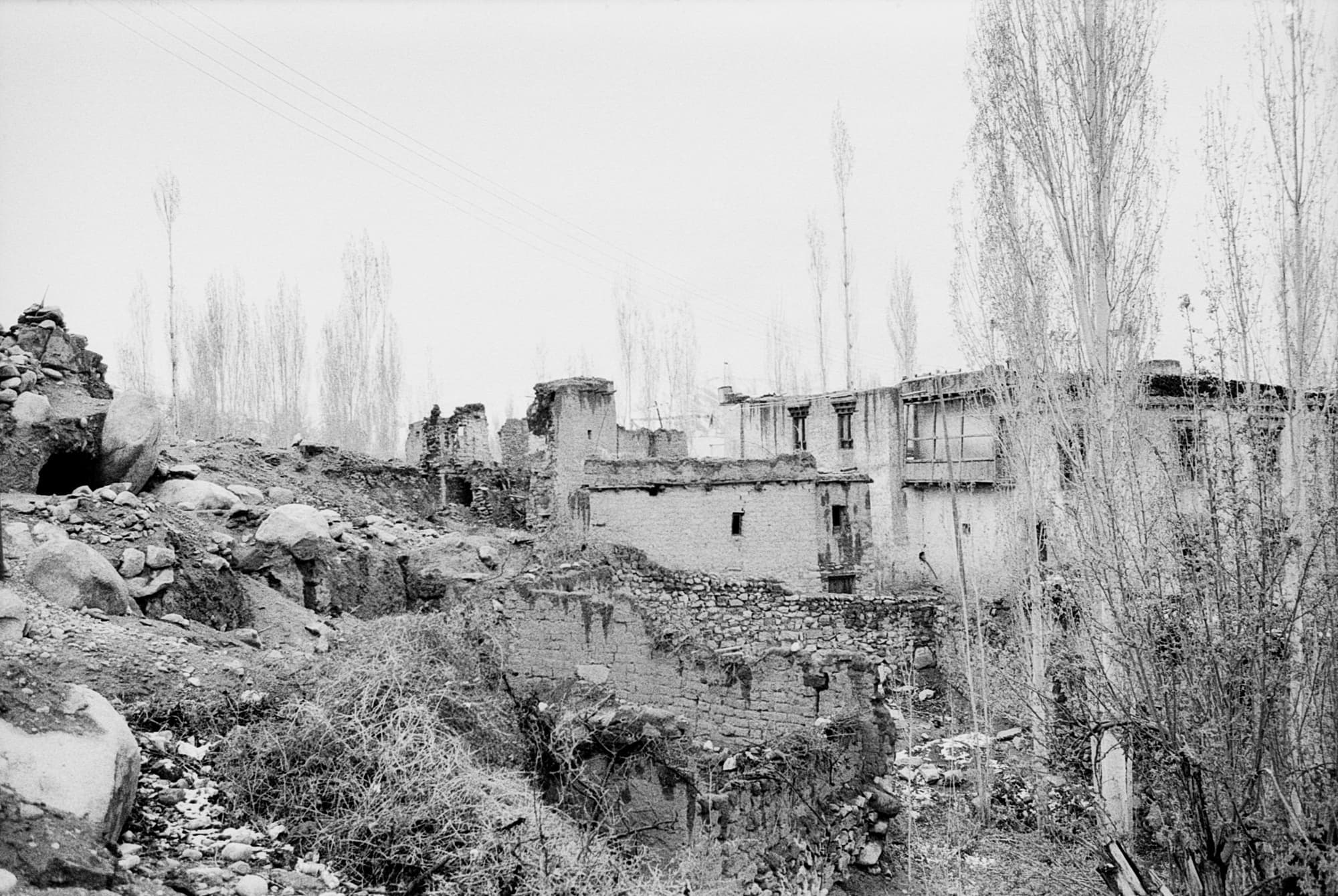 The ruins of a mud-brick and stone settlement on a hillside, bare poplar trees in the background
