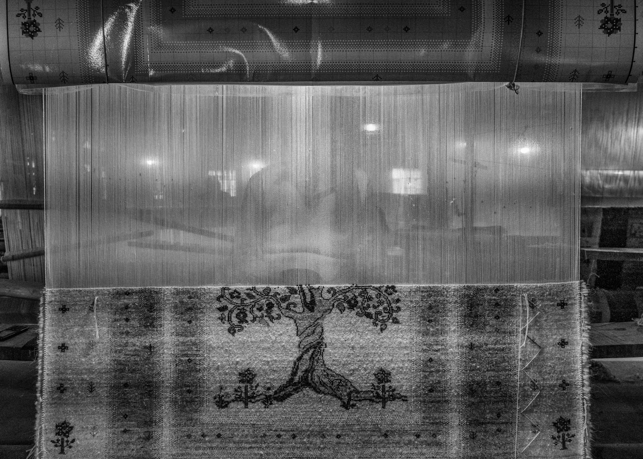 A partially finished carpet on the loom showing a hand-knotted tree-of-life motif